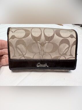 Coach Beige Signature Canvas Wristlet with Dark Brown Trim